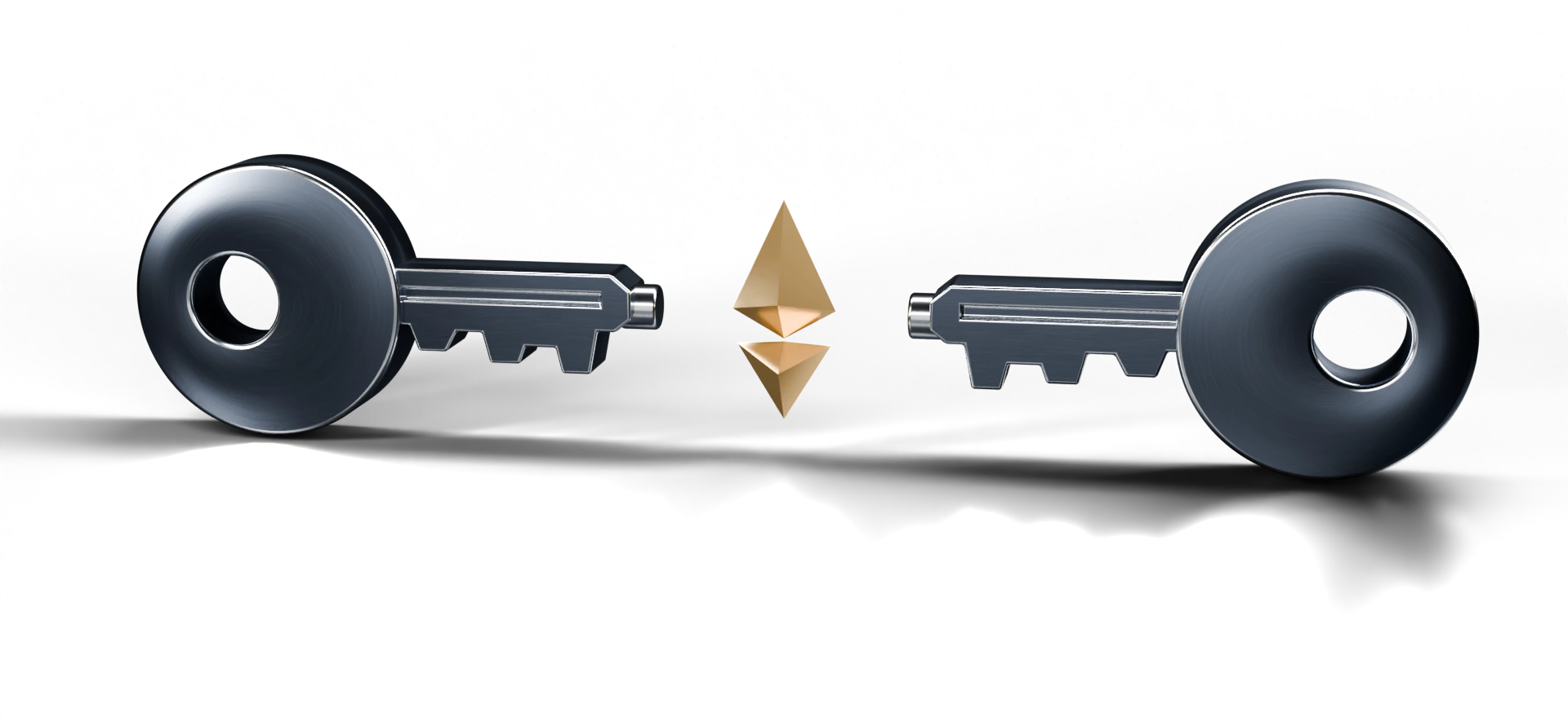 Two brushed metal keys with an Ethereum crystal
